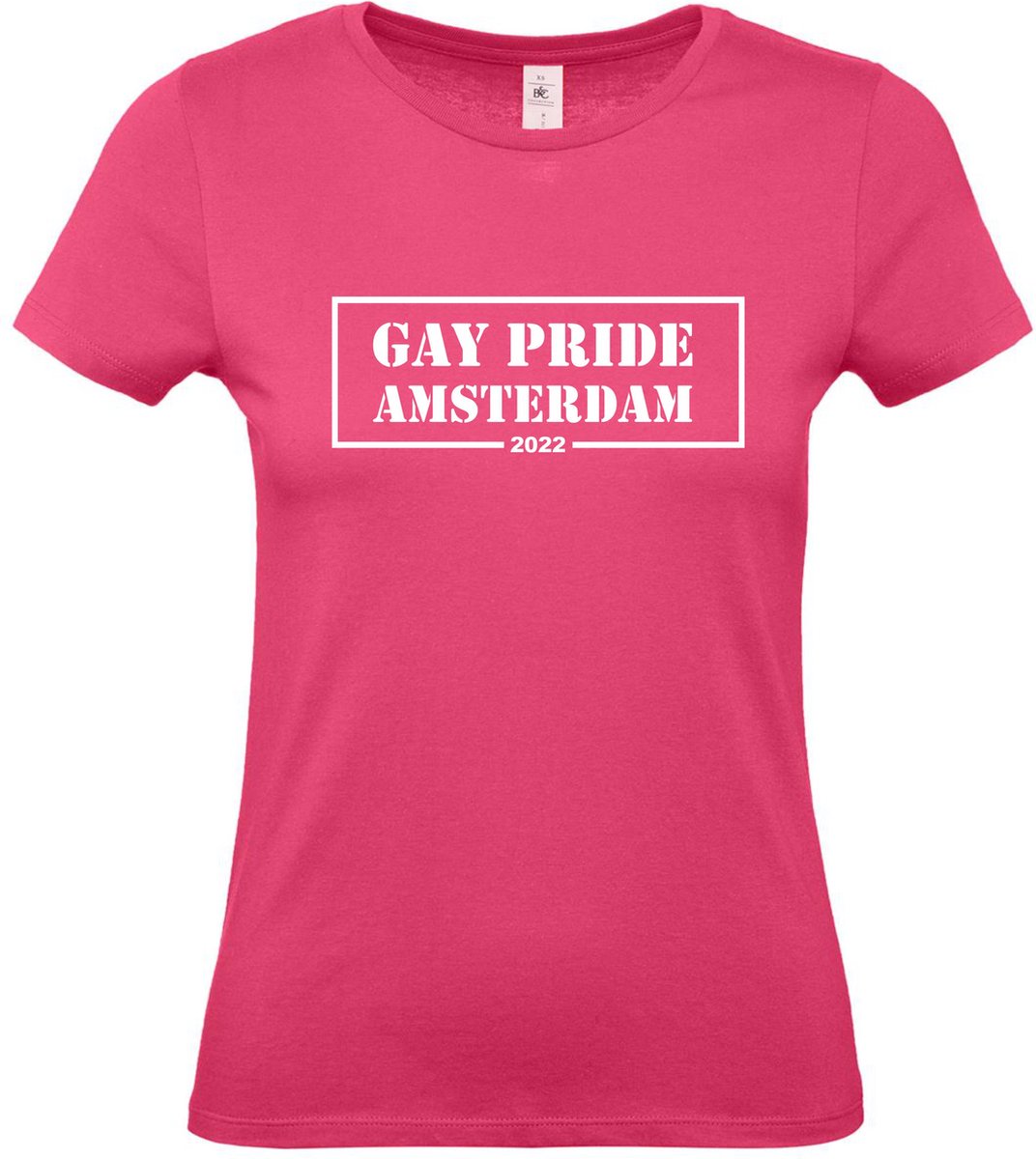 Dames t-shirt Gay Pride Amsterdam 2022 | Regenboog vlag | Gay pride kleding | Pride shirt | Roze | maat XS